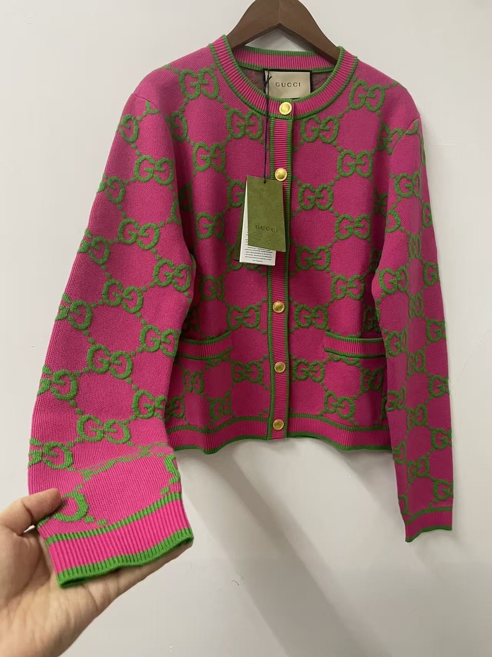 Gucci Pink and Green GG Crew Neck Cardigan Sweater